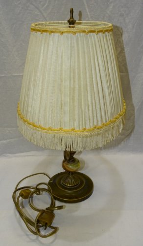 - JOLIE ANCIENNE LAMPE BOUILLOTTE PIED BRONZE /ONYX ABAT JOUR Plissé XXe déco  D