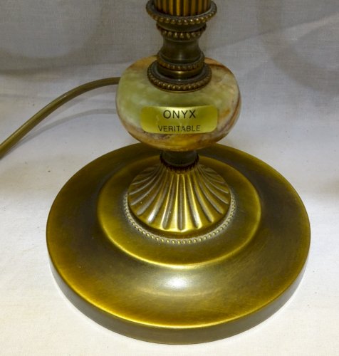 - JOLIE ANCIENNE LAMPE BOUILLOTTE PIED BRONZE /ONYX ABAT JOUR Plissé XXe déco  D
