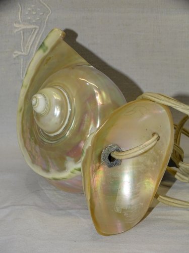 -JOLIE ANCIENNE LAMPE COQUILLAGE TURBO Nacré et VERT à POSER déco VINTAGE    D