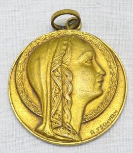 NICE OLD BRONZE MEDAL Gold-plated signed R.TSCHUDIN VIRGIN WITH HALO D