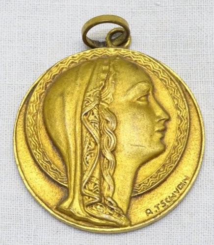 - JOLIE ANCIENNE MEDAILLE EN BRONZE Doré signée R.TSCHUDIN VIERGE AUREOLEE    D