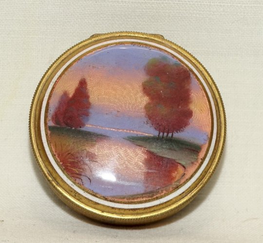 -JOLIE ANCIENNE PETITE BOITE à POUDRE DE SAC  AVEC MIROIR PLAQUE PORCELAINE   D