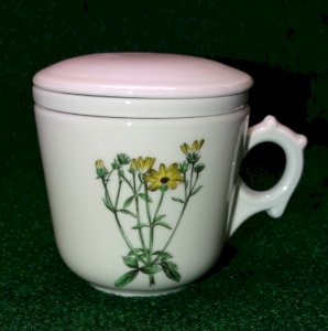 BEAUTIFUL OLD TEA CUP WITH FILTER GENUINE PORCELAIN Yellow Flower D