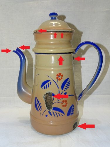 -JOLIE CAFETIERE EMAILLEE A DECOR de FLEURS SUR FOND MARRON & BLEU COLLECTION  D
