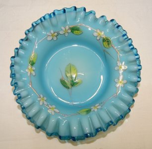 BEAUTIFUL EMPTY POCKET BOWL in BLUE OPALINE with ENAMELED FLOWERS 19th century NIII D