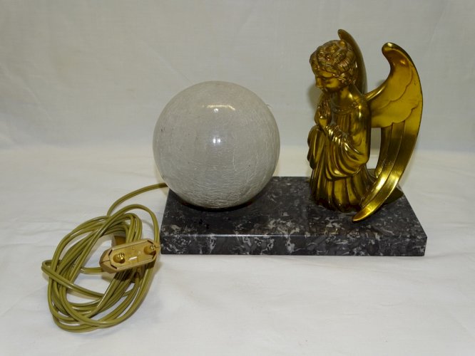 -JOLIE LAMPE à POSER SOCLE MARBRE GRIS ANGE Doré  Régule BOULE VERRE Craquelé  D