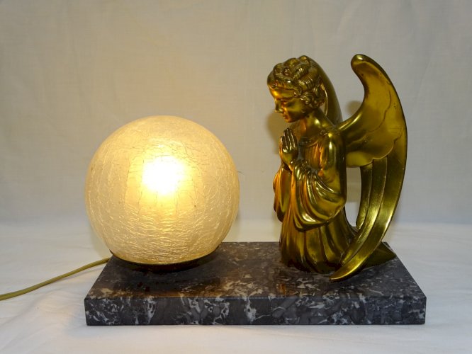 -JOLIE LAMPE à POSER SOCLE MARBRE GRIS ANGE Doré  Régule BOULE VERRE Craquelé  D