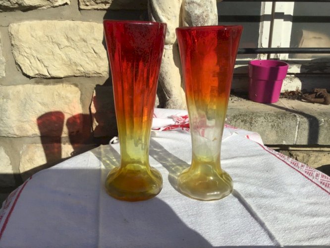 Jolie paire 2 Vases anciens coliri degradé verre soufflé /19Ème Siècle/old Vase