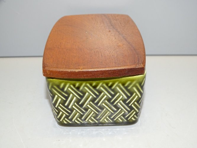 -JOLIE PETITE BOITE CERAMIQUE CROWN DEVON COUVERCLE BOIS DECO CUISINE   D