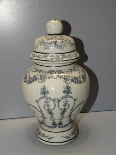 -JOLIE PETITE POTICHE POT COUVERT CERAMIQUE CRAQUELEE XXe MOTIFS BLEUS   D