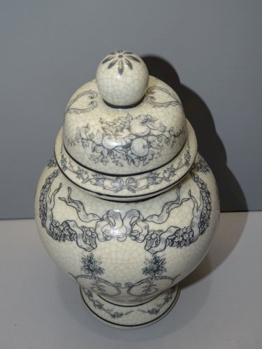 -JOLIE PETITE POTICHE POT COUVERT CERAMIQUE CRAQUELEE XXe MOTIFS BLEUS   D