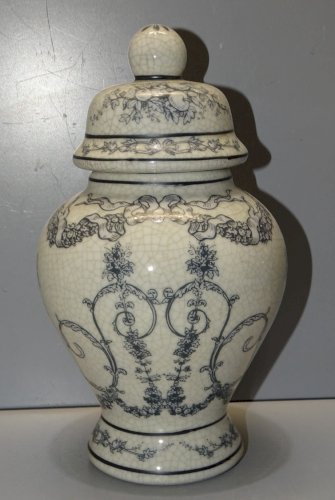 -JOLIE PETITE POTICHE POT COUVERT CERAMIQUE CRAQUELEE XXe MOTIFS BLEUS   D