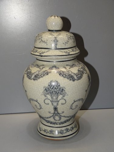 -JOLIE PETITE POTICHE POT COUVERT CERAMIQUE CRAQUELEE XXe MOTIFS BLEUS   D