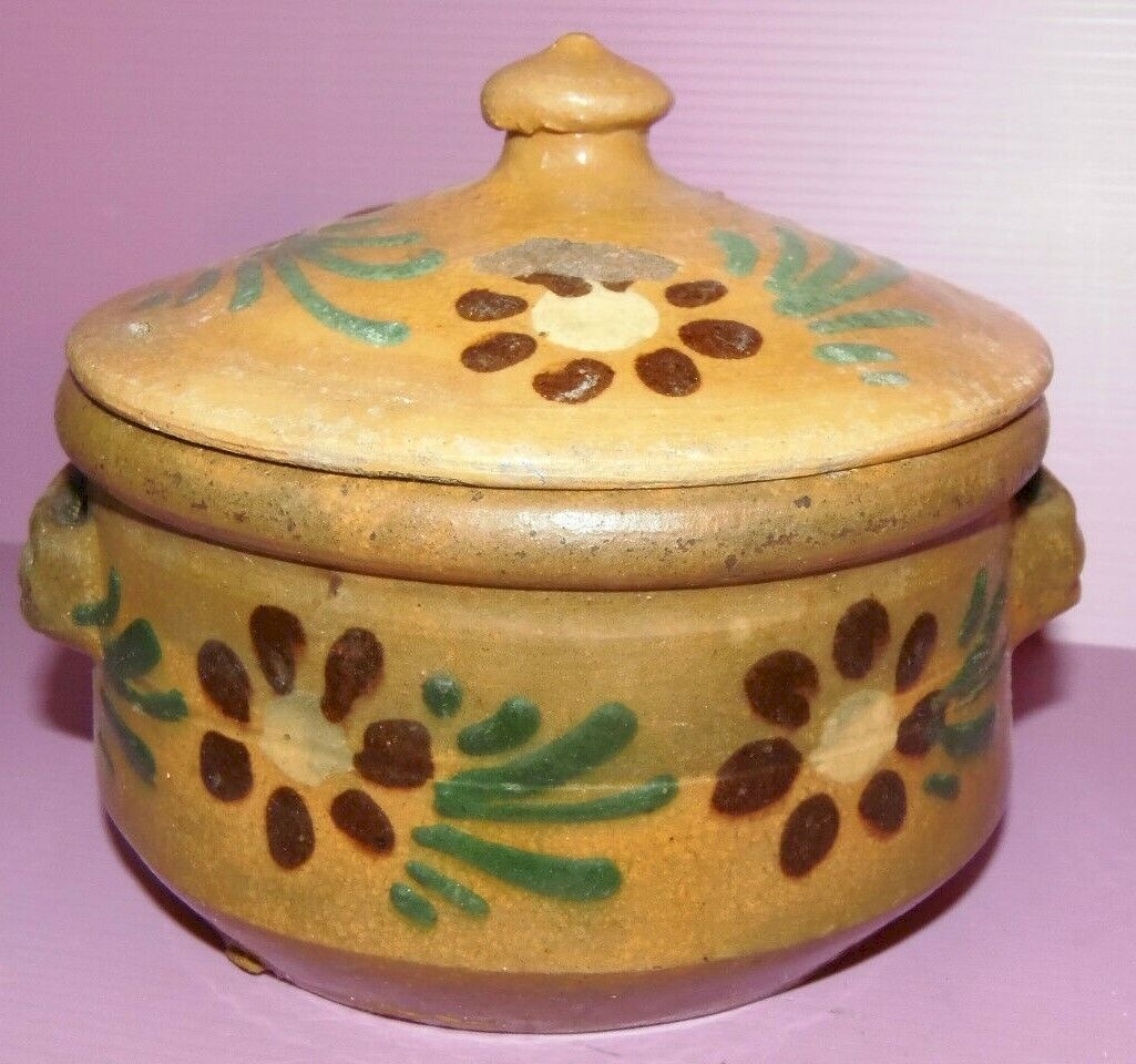 JOLIE PETITE TERRINE ALSACIENNE ANCIENNE fond jaune FLEURS colorées Collection Marron