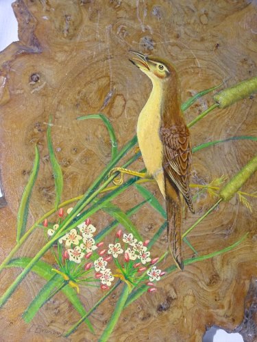 -JOLIE PLAQUE LOUPE PEINTE OISEAU ROUSSEROLE signé E BRUNAUD XXe collection   D