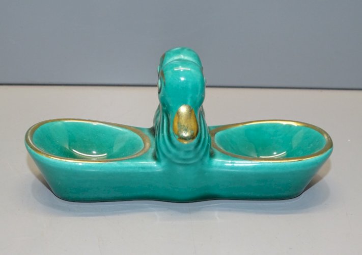 -JOLIE SALIERE de TABLE ANNEES 50 CERAMIQUE VERTE & DOREE 2 PETITS CANARDS    D
