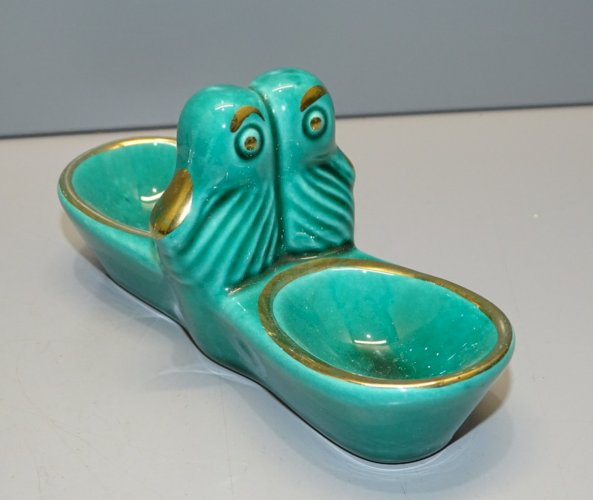 -JOLIE SALIERE de TABLE ANNEES 50 CERAMIQUE VERTE & DOREE 2 PETITS CANARDS    D