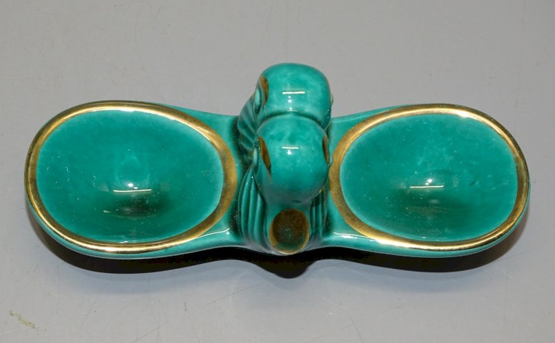 -JOLIE SALIERE de TABLE ANNEES 50 CERAMIQUE VERTE & DOREE 2 PETITS CANARDS    D