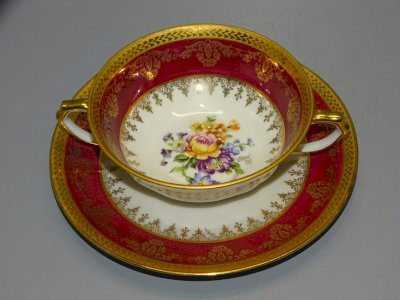 BEAUTIFUL 2-HANDLE CUP & SAUCER LIMOGES PORCELAIN WITH BEAUTIFUL GOLD DECORATION D