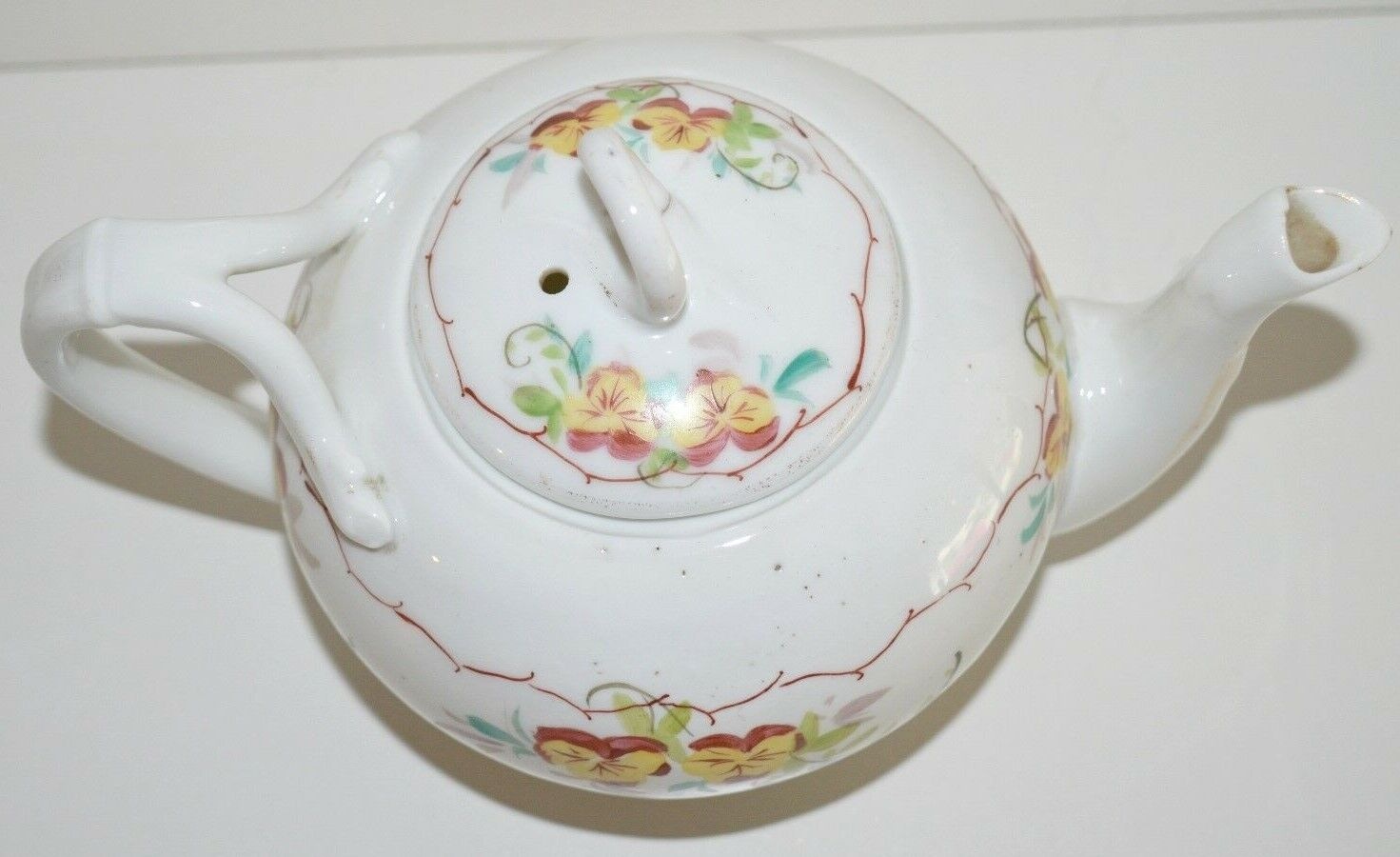 Théière En Porcelaine Vintage à Décor Fleuri - Multicolore, Authentique, état D'usage