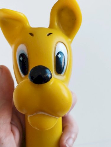 jouet pouet ancien vintage ledraplastic chien jaune 