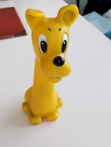 jouet pouet ancien vintage ledraplastic chien jaune 