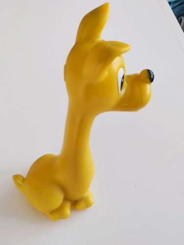 jouet pouet ancien vintage ledraplastic chien jaune 
