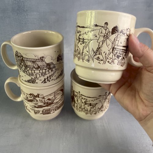 KILNCRAFT ENGLAND 4 tasse mug décor campagne chevaux chasse pêche cottage