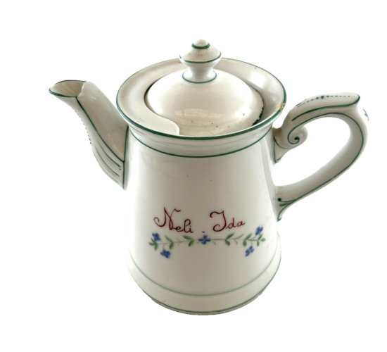 KPM Germany théière chocolatière vintage céramique fleurs bleues inscription