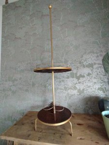 Vintage Floor Lamp 70s – Wine Rack & Coaster Set in Varnished Wood and Brass