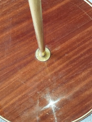 : Lampadaire vintage Années 70 – Range-bouteilles & repose-verres en bois verni et laiton