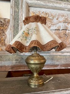 Lampe 1900 en cuivre et abat-jour plissé