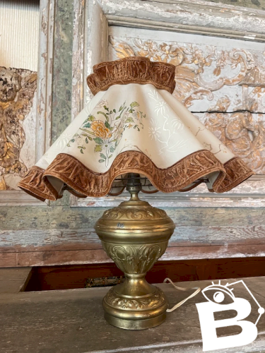 Lampe 1900 en cuivre et abat-jour plissé