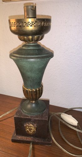 lampe 1950's Empire métal laqué mascaron têtes lions Lucien Gau maison Charles??