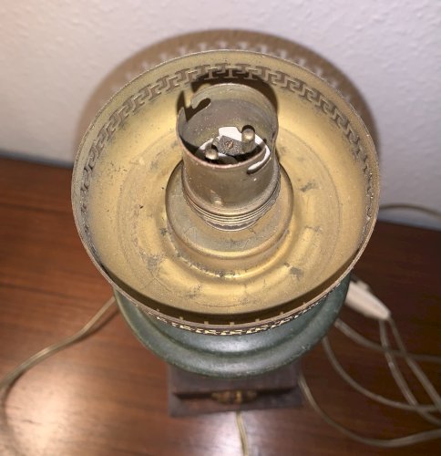 lampe 1950's Empire métal laqué mascaron têtes lions Lucien Gau maison Charles??