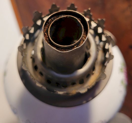 Lampe à pétrole céramique & étain 1950's