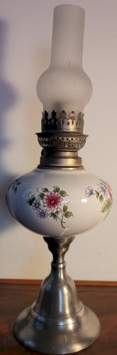 Lampe à pétrole céramique & étain 1950's
