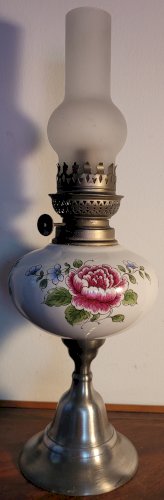 Lampe à pétrole céramique & étain 1950's