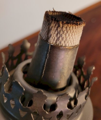 Lampe à pétrole céramique & étain 1950's