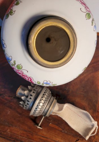 Lampe à pétrole céramique & étain 1950's