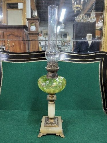 LAMPE A PETROLE MARBRE BRONZE RESERVOIR VERT
