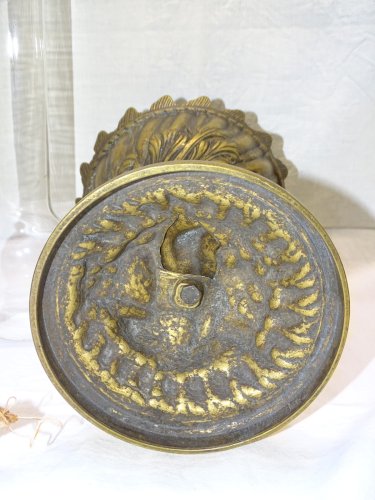 -LAMPE A PETROLE XXe EN BRONZE PIED ANGELOT JUS DE TROUVAILLES PATINE ANCIENNE D