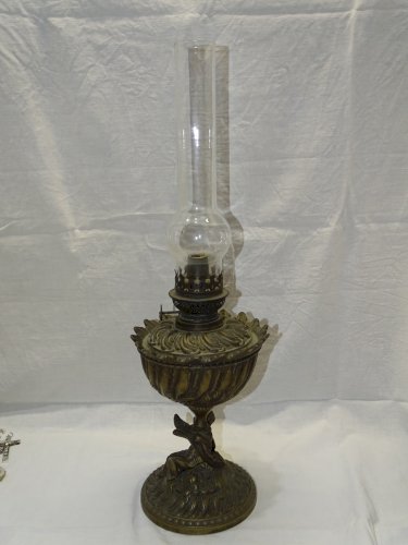 -LAMPE A PETROLE XXe EN BRONZE PIED ANGELOT JUS DE TROUVAILLES PATINE ANCIENNE D