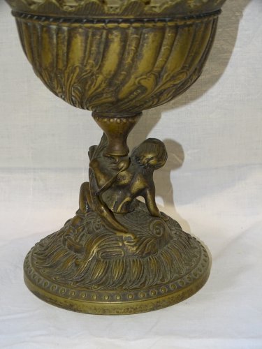 -LAMPE A PETROLE XXe EN BRONZE PIED ANGELOT JUS DE TROUVAILLES PATINE ANCIENNE D