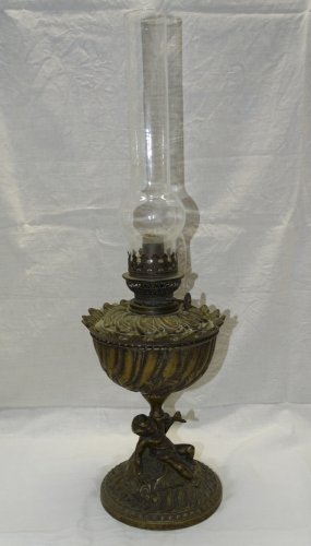 -LAMPE A PETROLE XXe EN BRONZE PIED ANGELOT JUS DE TROUVAILLES PATINE ANCIENNE D