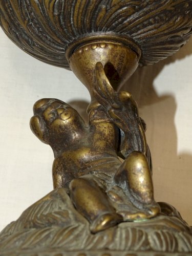 -LAMPE A PETROLE XXe EN BRONZE PIED ANGELOT JUS DE TROUVAILLES PATINE ANCIENNE D