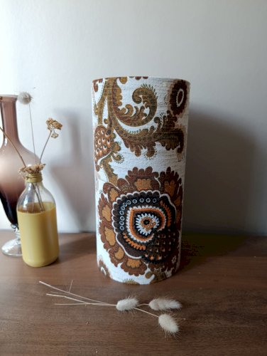 Lampe à poser bois vintage abat-jour tissu seventies authentique 