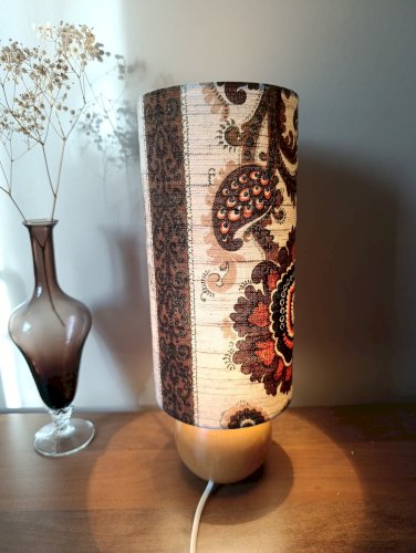 Lampe à poser bois vintage abat-jour tissu seventies authentique 