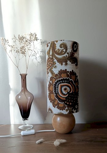 Lampe à poser bois vintage abat-jour tissu seventies authentique 