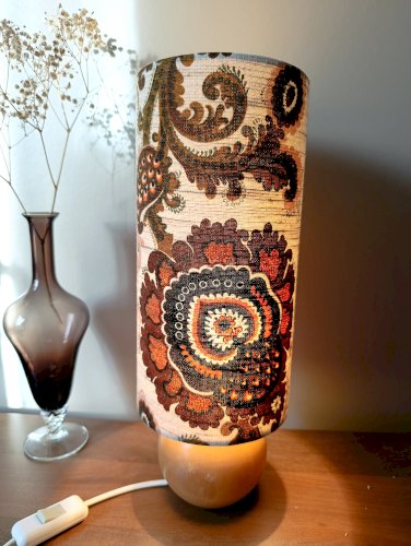 Lampe à poser bois vintage abat-jour tissu seventies authentique 